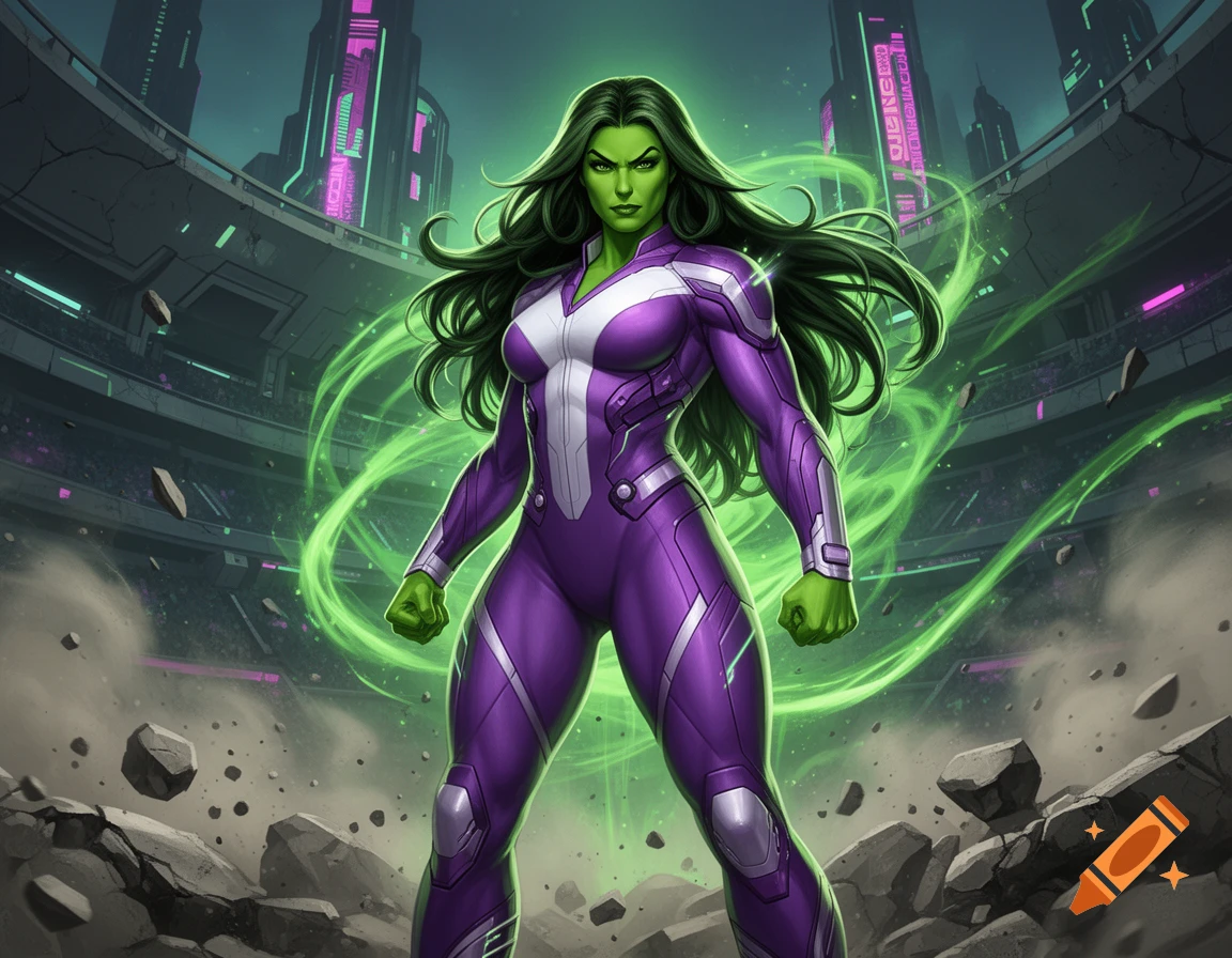 She-Hulk in a purple suit standing in a futuristic arena with green energy swirling around her, comic art style.