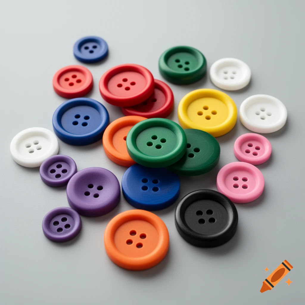 A colorful assortment of 2-hole and 4-hole sewing buttons scattered on a light grey surface, photorealistic.