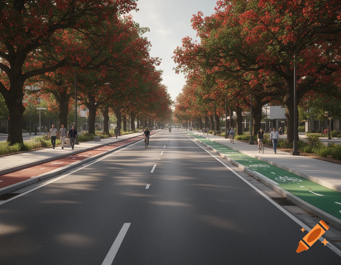 Photorealistic wide city street lined with large trees bearing red leaves, sidewalks, and dedicated bicycle lanes.