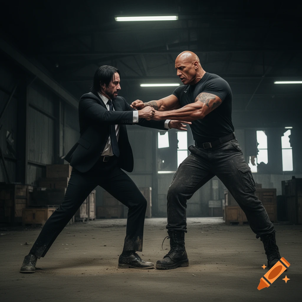Photorealistic image of John Wick and Dwayne 'The Rock' Johnson fighting in a dim warehouse.