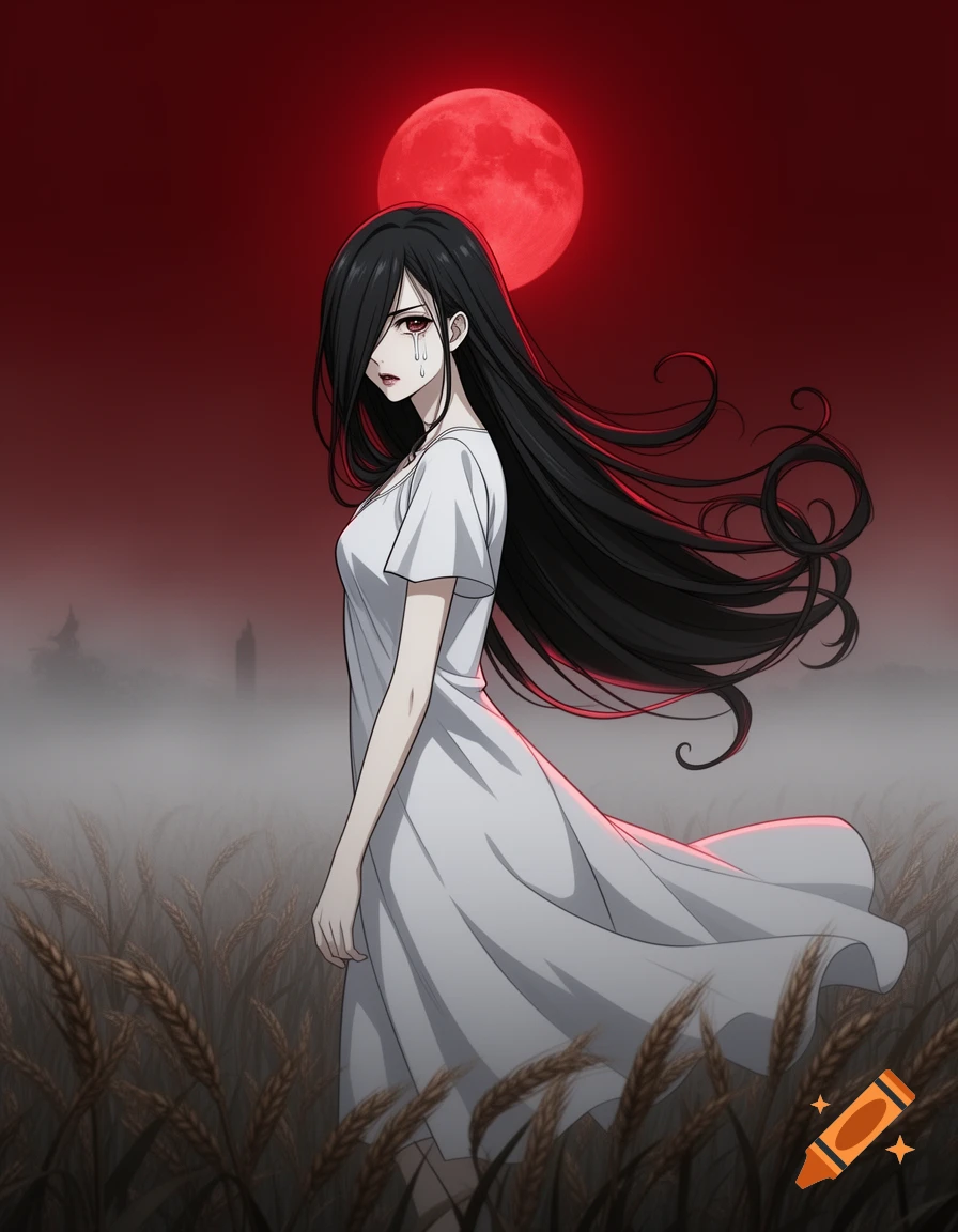 Anime illustration of a weeping ghost woman with long black hair in a white dress standing in a foggy wheat field under a red moon.