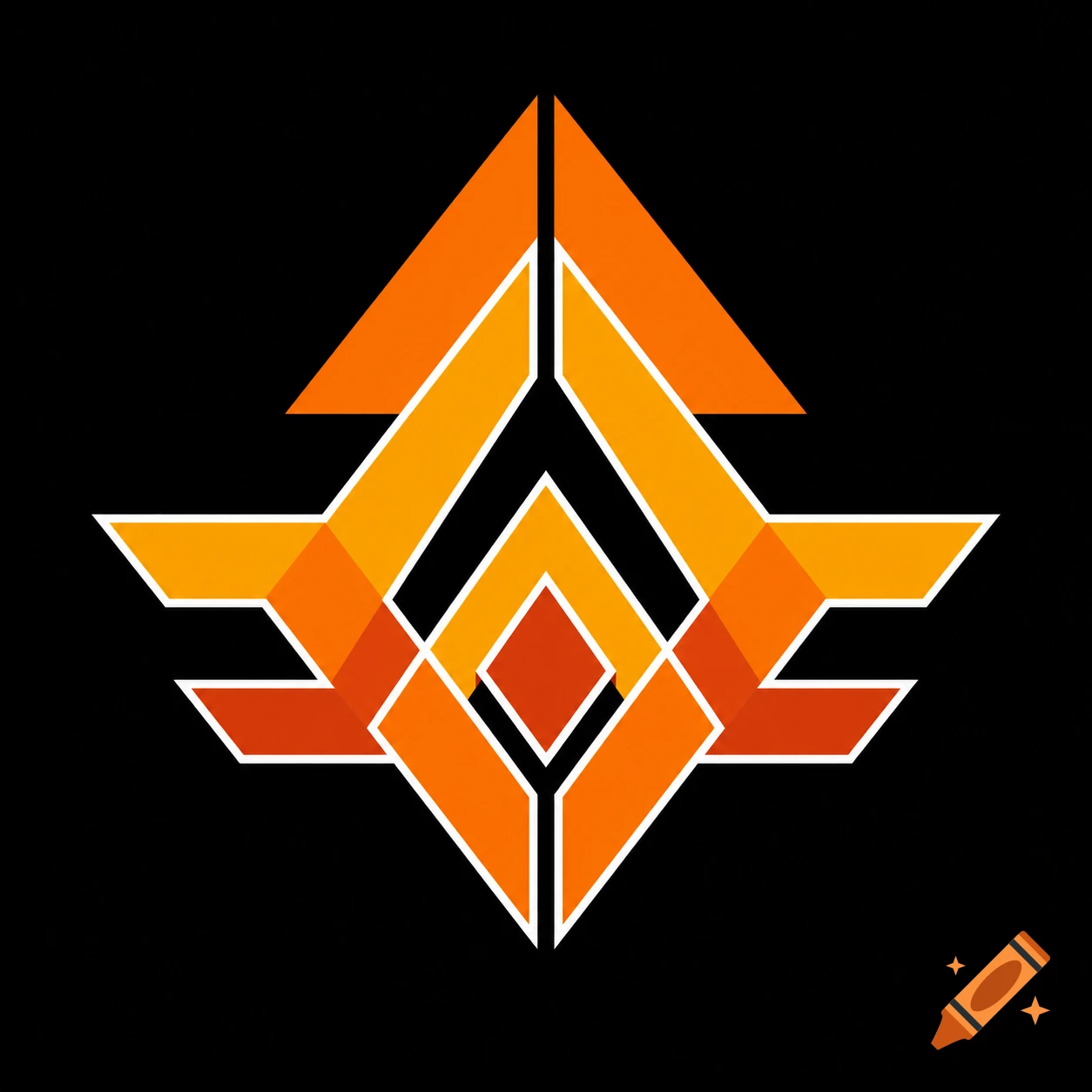 Minimalist vector logo with geometric overlapping layers in orange, yellow, and red on a black background.