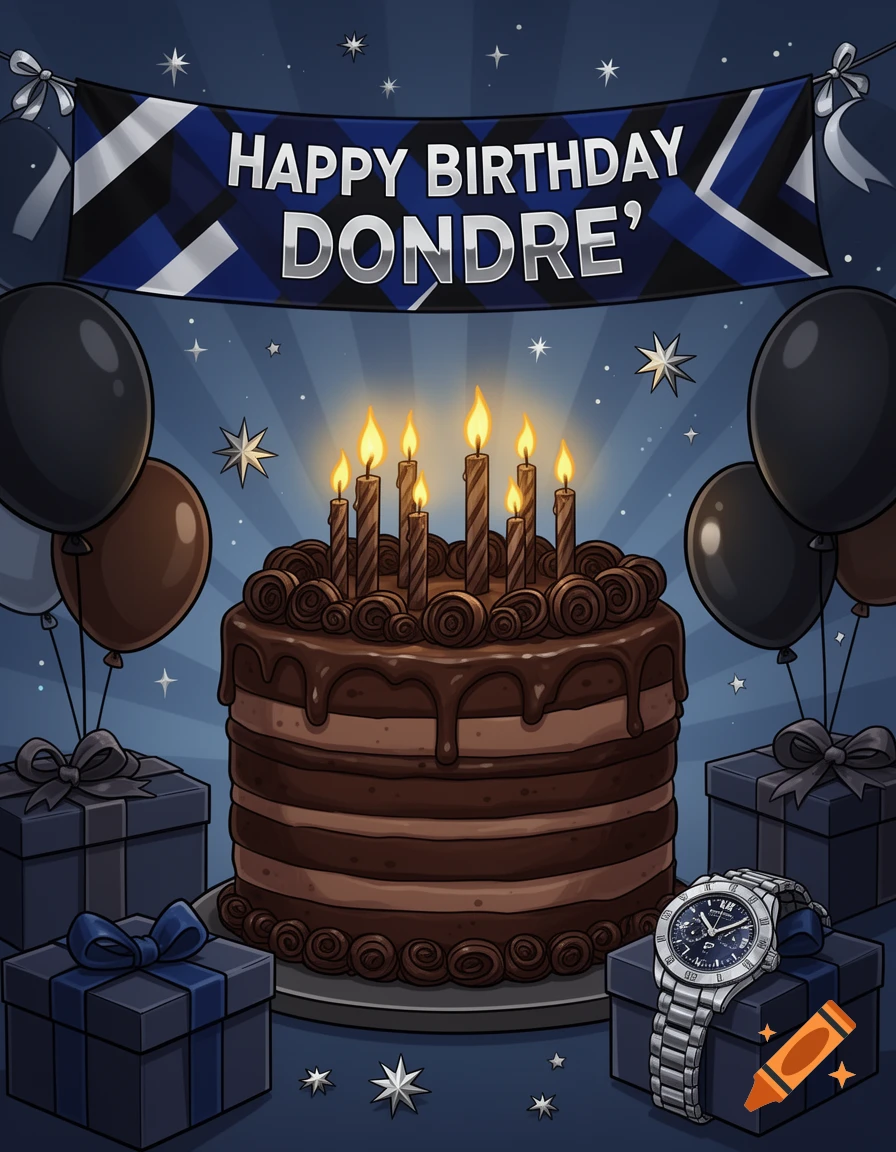 Cartoon birthday cake with candles and banner reading HAPPY BIRTHDAY DONDRE, surrounded by gifts and balloons.