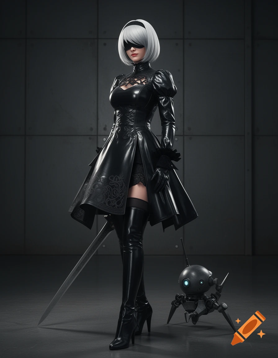 Photorealistic cosplay of 2B from Nier Automata wearing a black latex dress and holding a sword, standing with a pod companion.