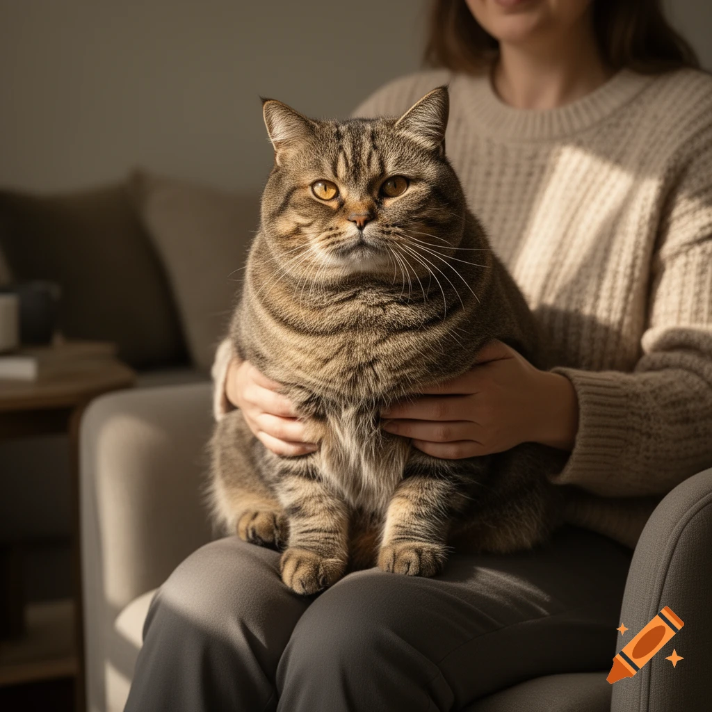A large tabby cat sitting on the lap of a person wearing a beige sweater, indoors.