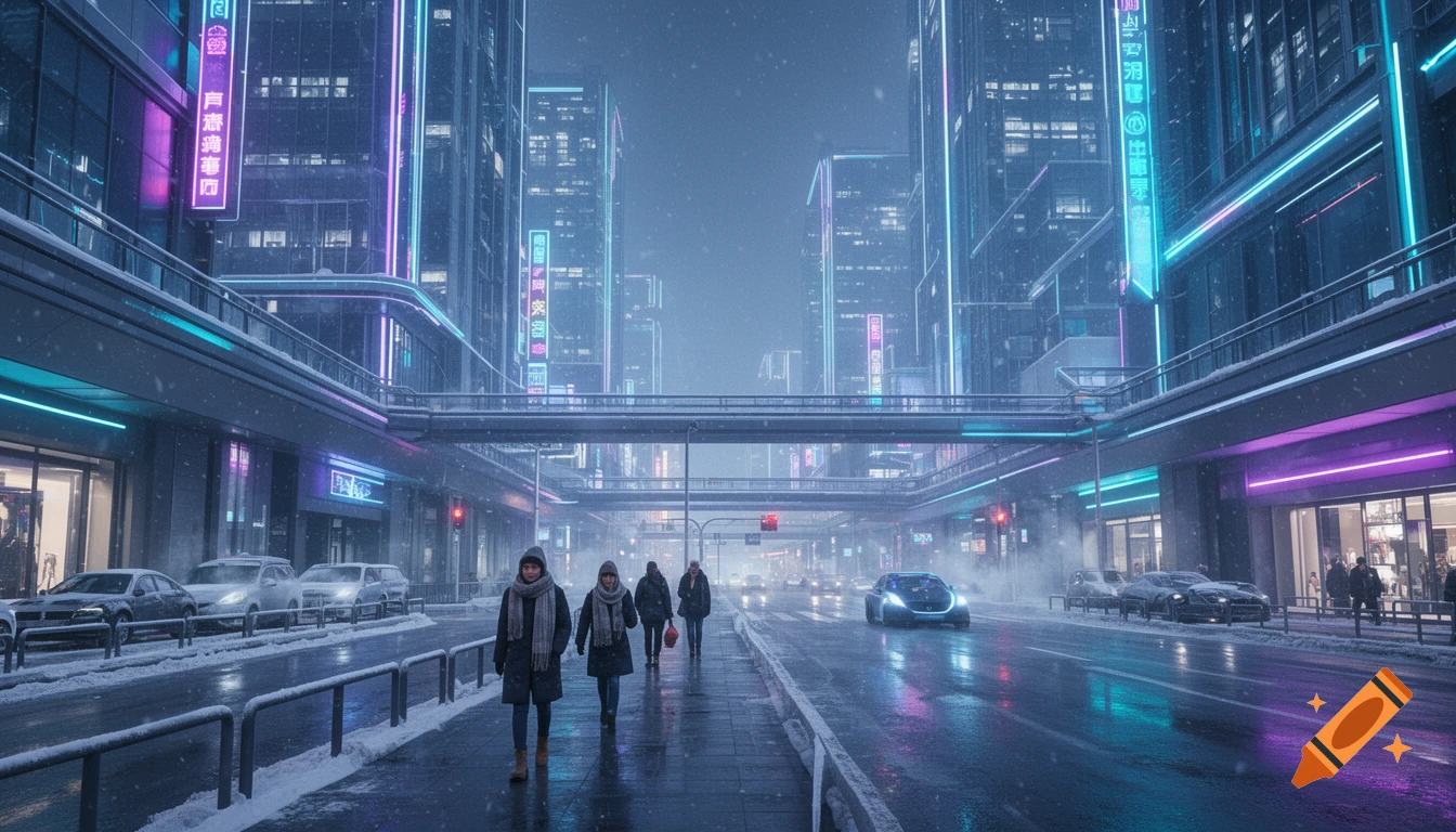 Futuristic city street at night with neon lights, glowing signs, and pedestrians walking in the snow.
