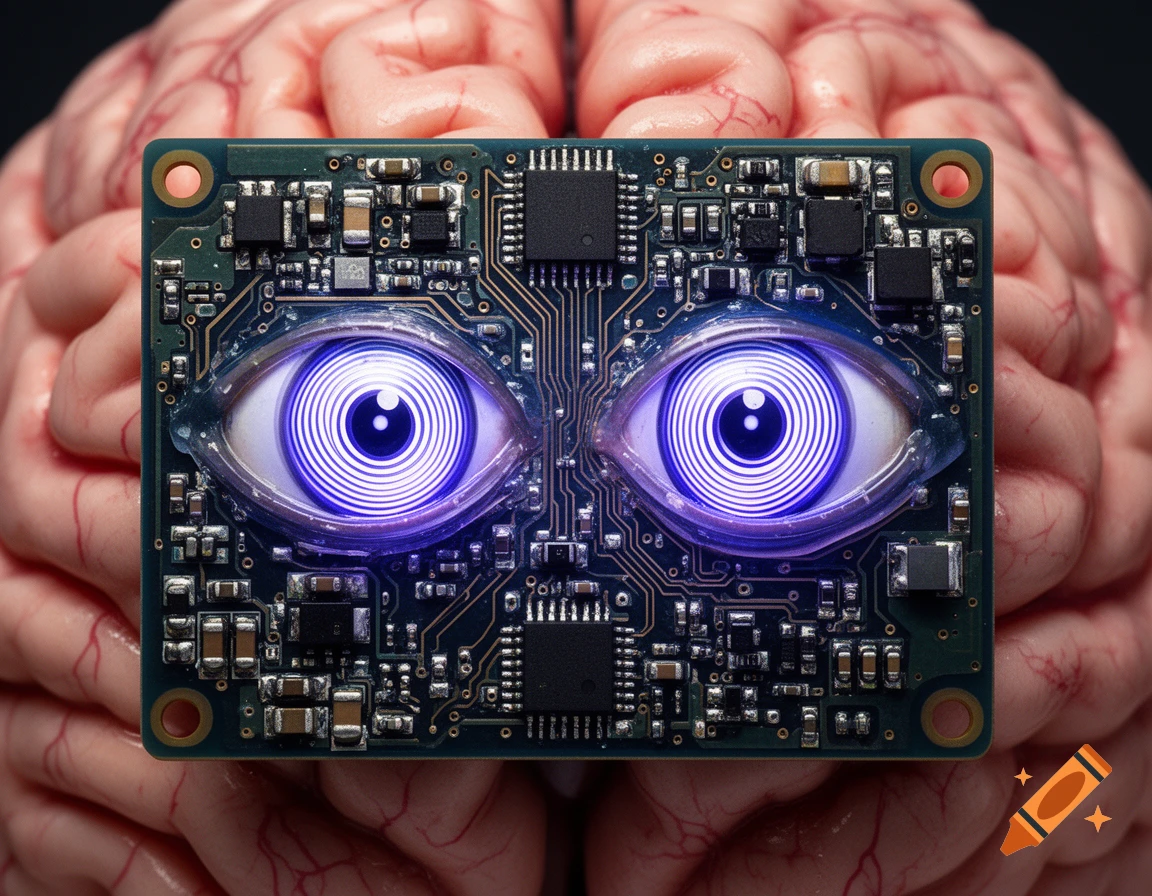 An electronic circuit board with glowing hypnotic purple eyes, embedded within photorealistic human brain tissue.