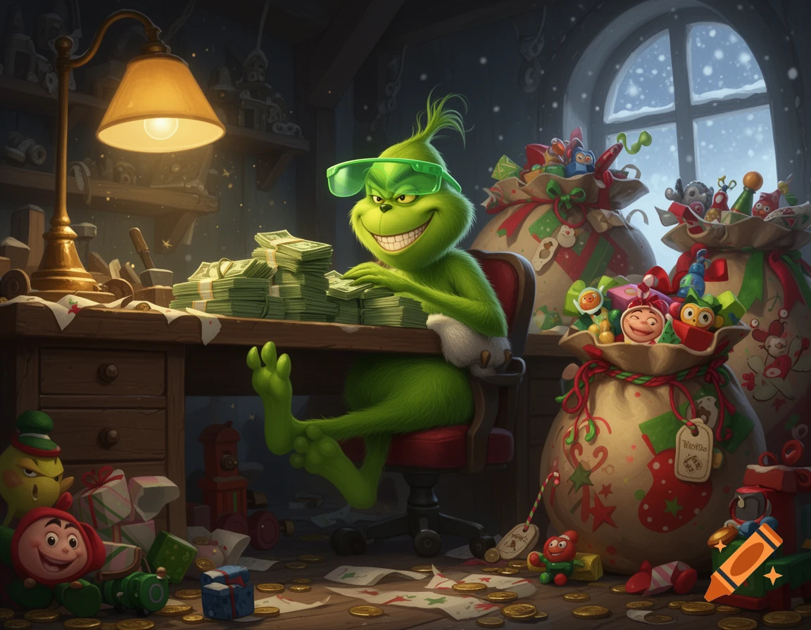 The Grinch sits at a wooden desk in a cozy room, wearing green safety goggles and a big grin while counting stacks of cash, with large bags of toys and wrapped gifts surrounding him.