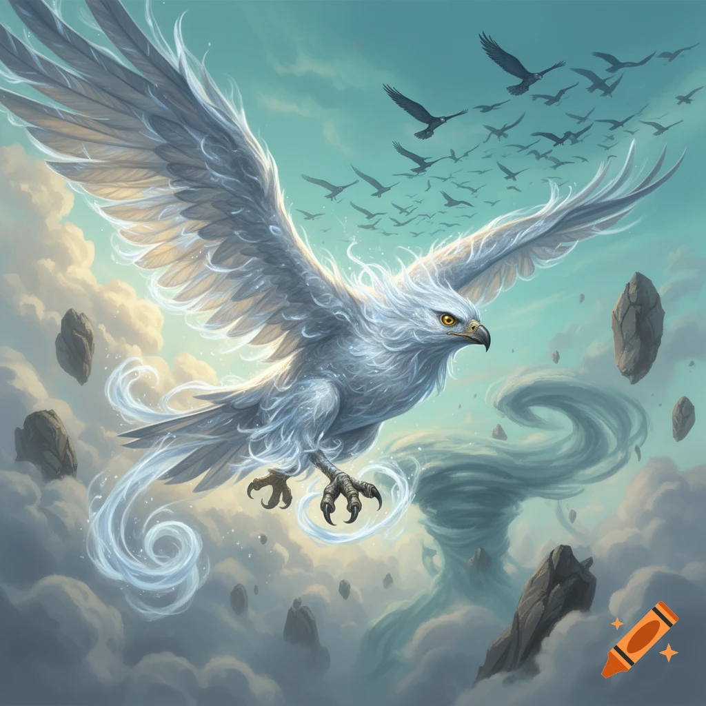 Digital painting of a large white elemental bird flying through clouds with floating rocks and a flock of birds in the background.