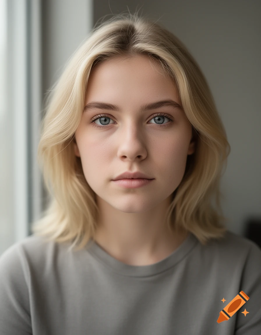 Photorealistic close-up portrait of a 19-year-old blonde woman with grey eyes and a neutral expression, wearing a grey t-shirt.