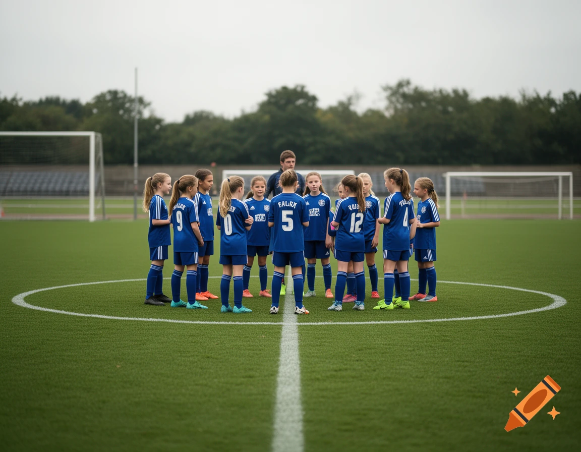 A youth girls soccer team standing in a circle on a green field under an overcast sky.