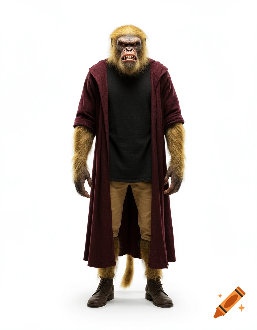 Photorealistic humanoid ape with golden fur and tail, wearing a dark red medieval robe, black tunic, tan pants, and boots, standing against a white background.