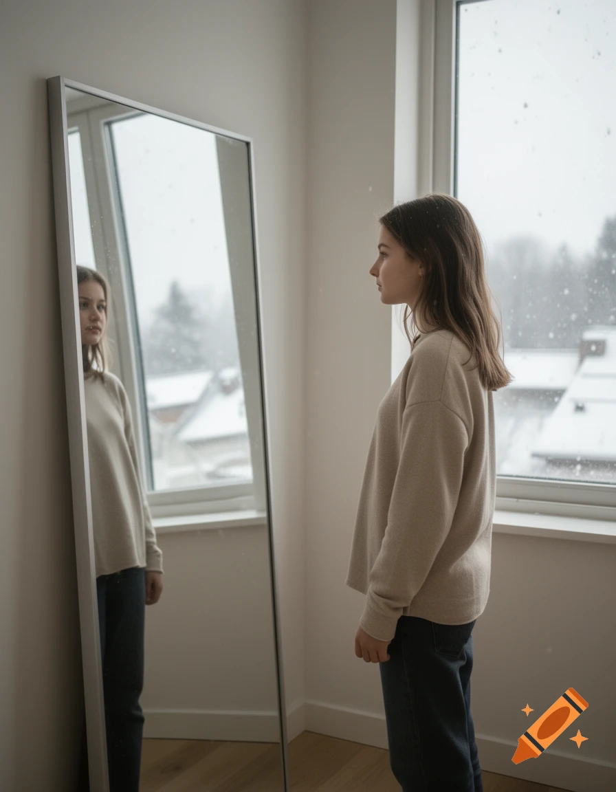 A teenage girl wearing a beige sweater looking at her reflection in a large mirror inside a room while it snows outside.