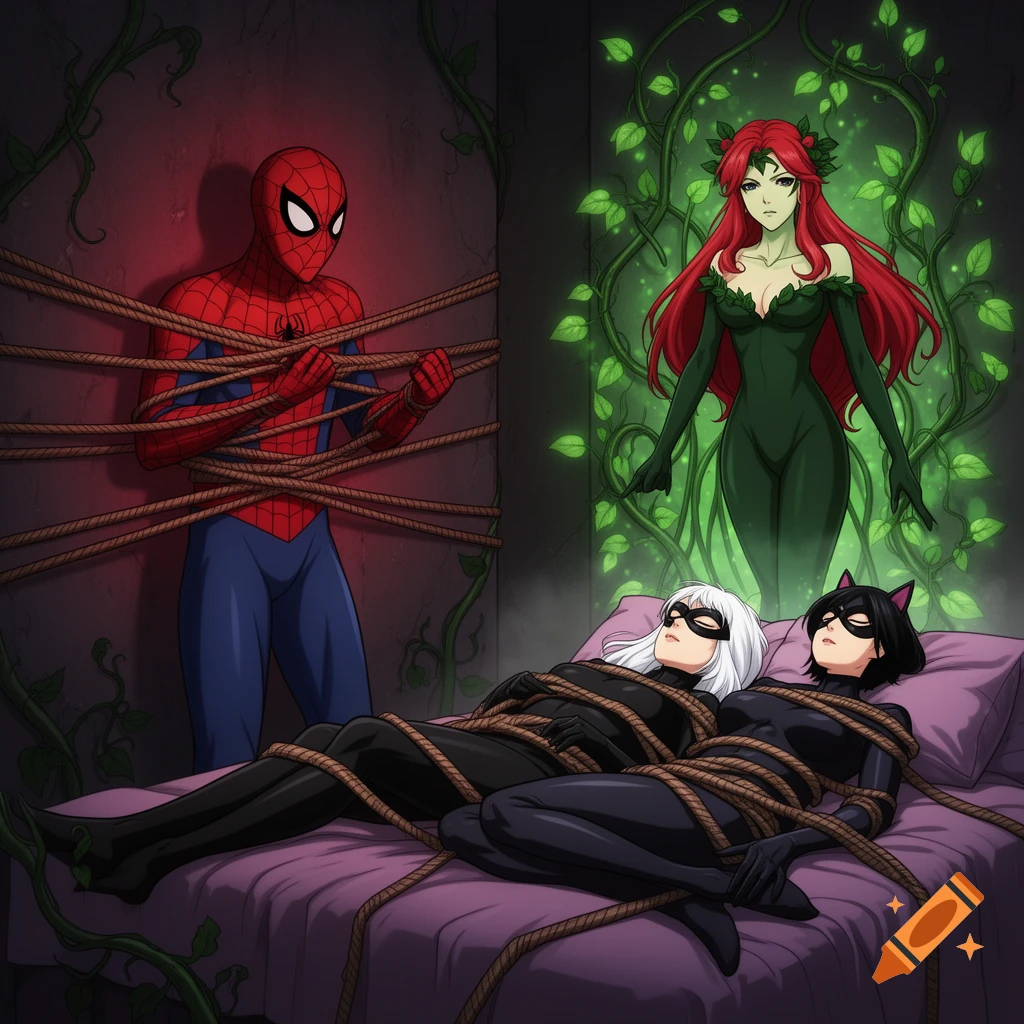 Anime style illustration of Spider-Man tied to a wall, with Poison Ivy standing behind Black Cat and Catwoman tied up on a bed.
