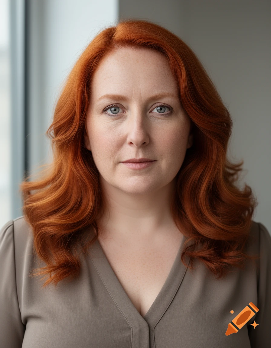 Photorealistic headshot portrait of a woman with vibrant red hair and gray eyes.