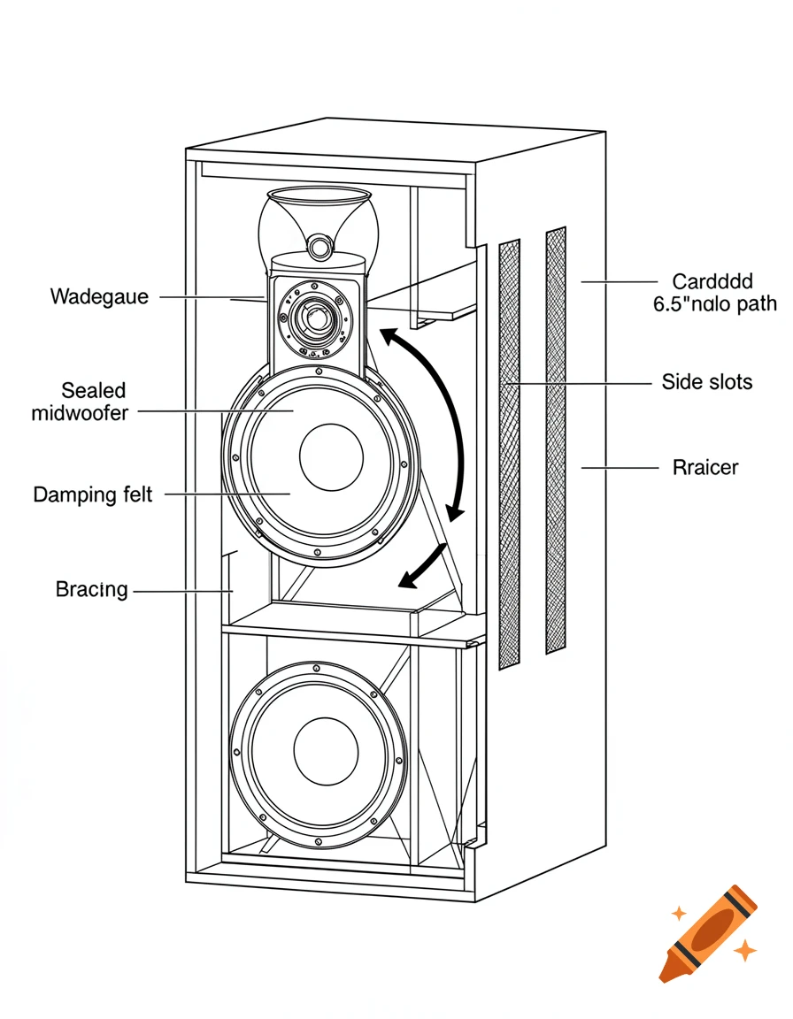Technical cutaway cross-section line drawing of a cardioid loudspeaker cabinet with labeled callout lines on white background.