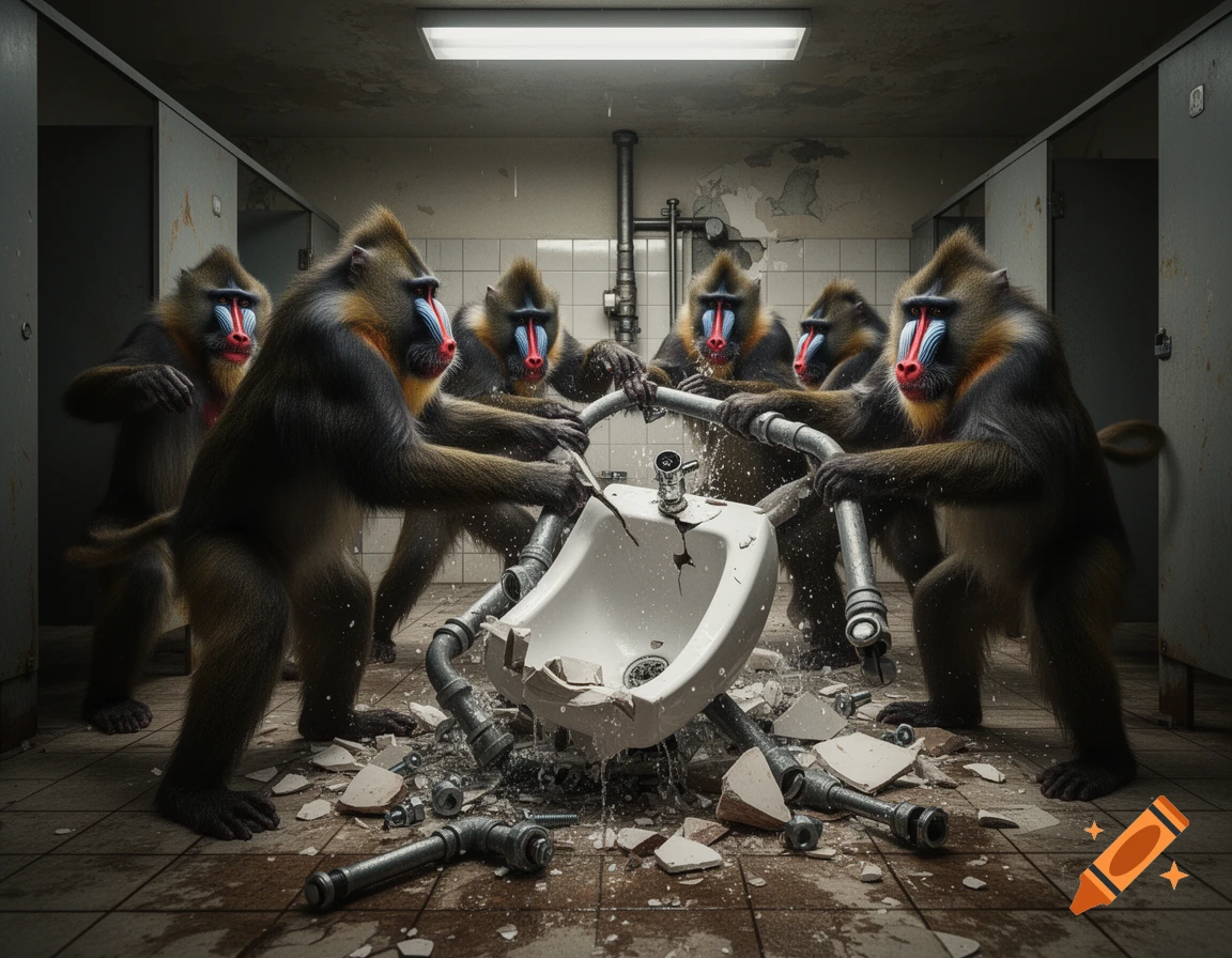 Photorealistic image of several mandrills tearing apart a bathroom urinal and fighting with pipes in a public restroom.