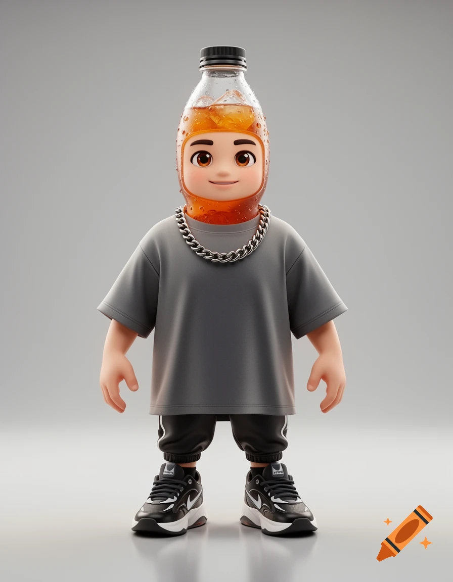 3D render of a character with an iced tea bottle for a head, wearing a grey t-shirt, silver chain, and black sneakers.