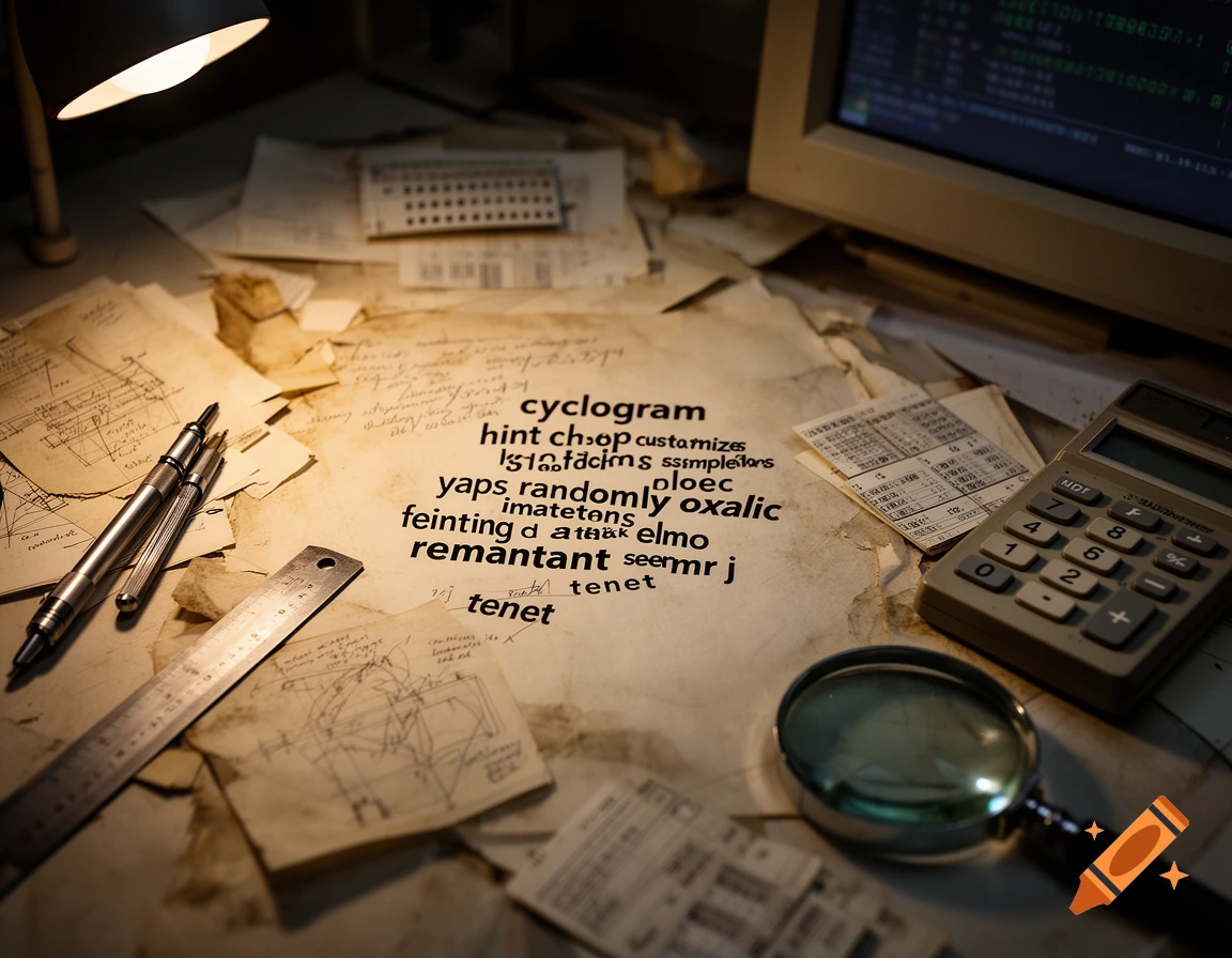 A desk covered in vintage papers, mechanical pencils, a calculator, a magnifying glass, and a computer monitor, with jumbled text in the center.