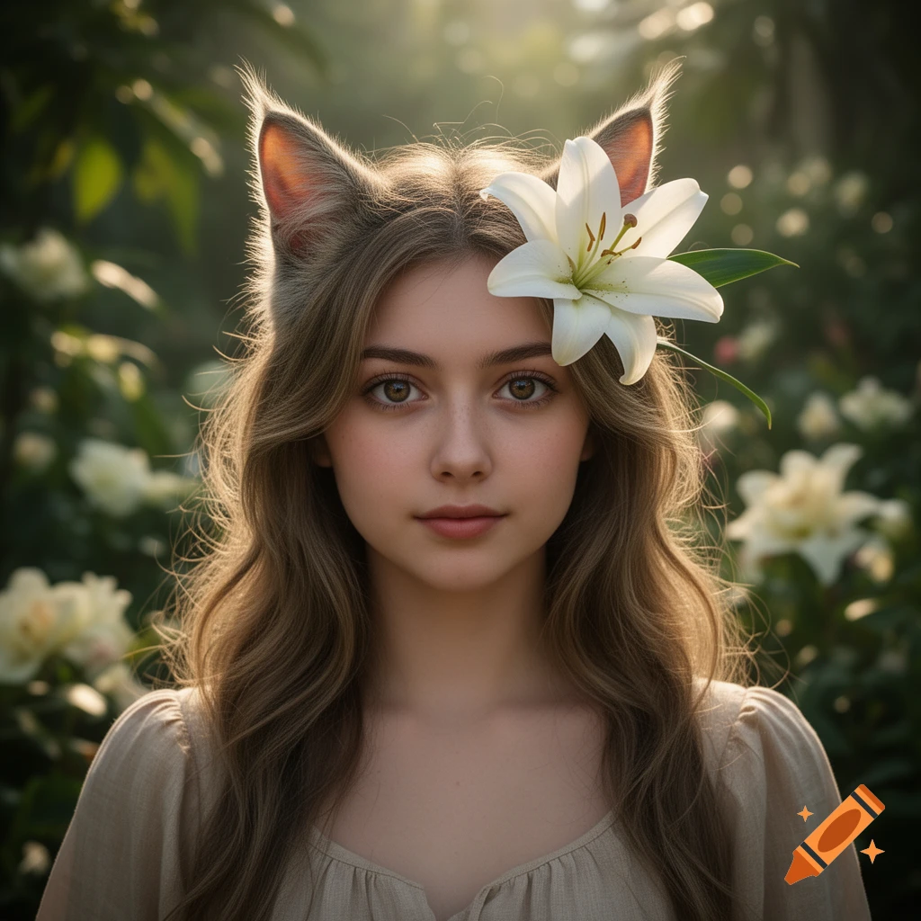 Photorealistic portrait of a cute catgirl with fluffy animal ears and a white lily in her hair, standing in a garden.