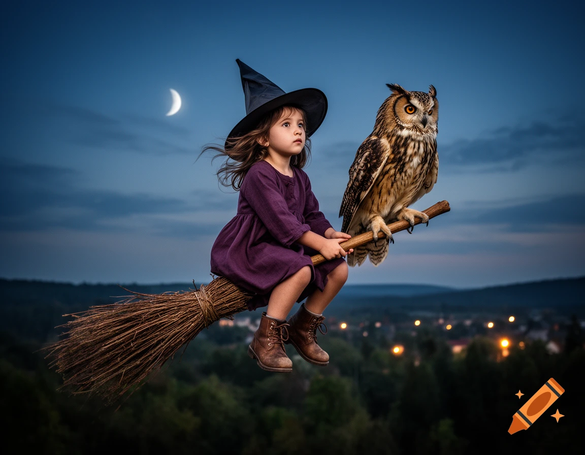 Photorealistic image of a little girl in a witch hat and purple dress riding a broomstick with an owl at dusk.