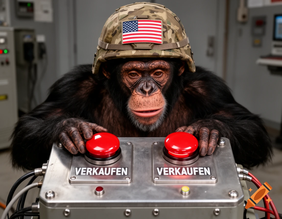 Photorealistic chimpanzee wearing a US flag combat helmet, pushing two red buttons labeled VERKAUFEN on a metal console.
