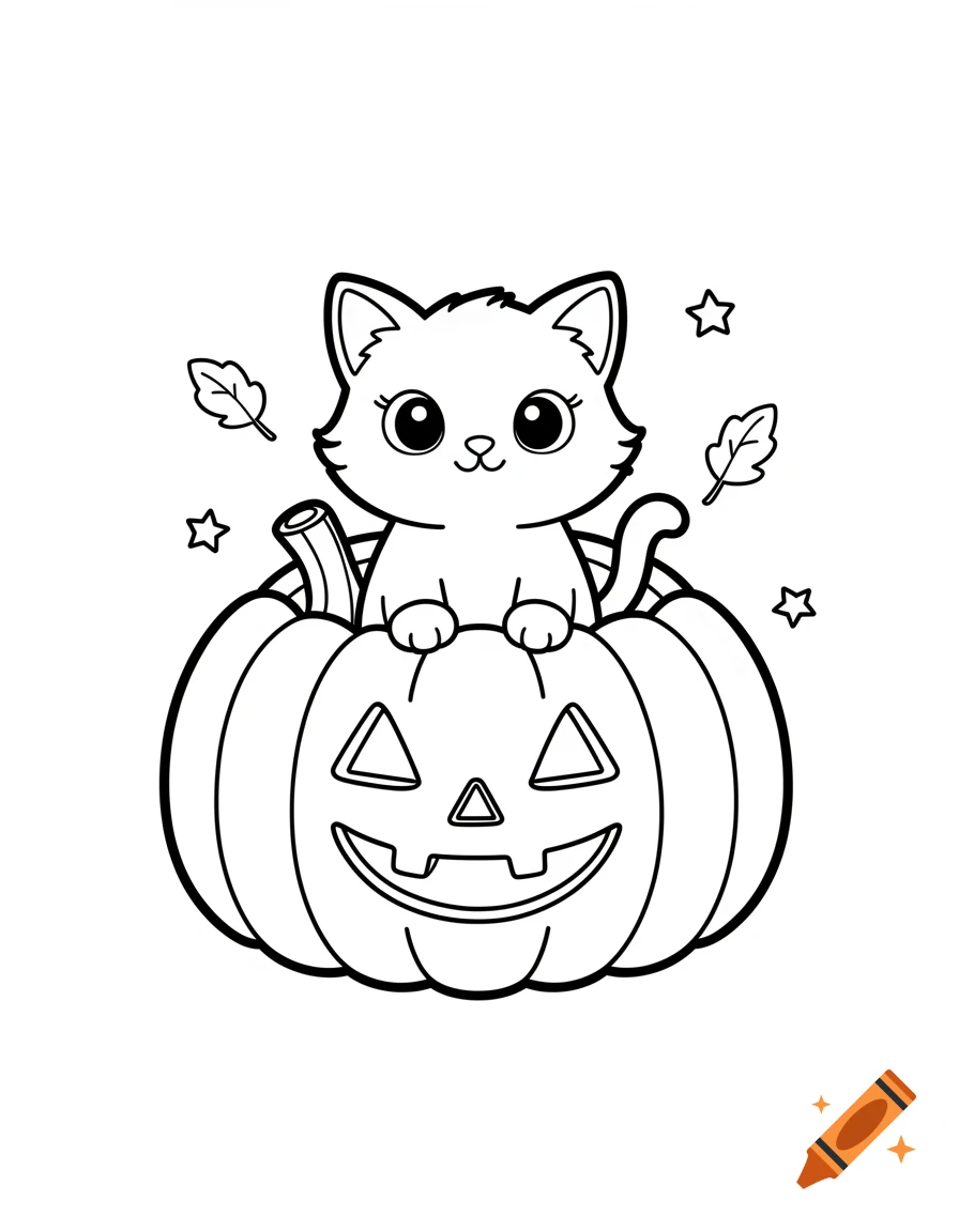 Black and white coloring page of a cute kitten sitting inside a carved Halloween pumpkin with leaves and stars.