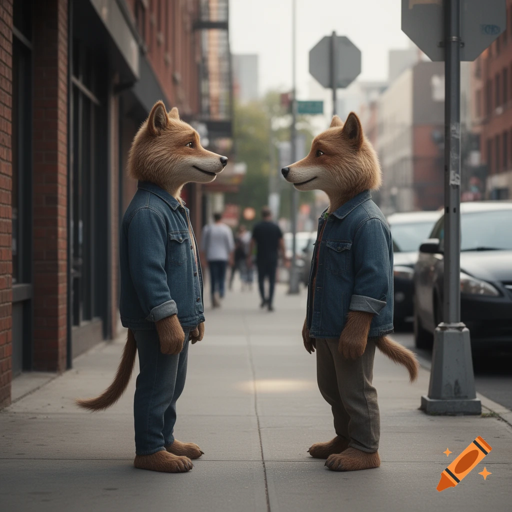 Two anthropomorphic foxes wearing denim jackets standing facing each other on a city sidewalk, photorealistic style.