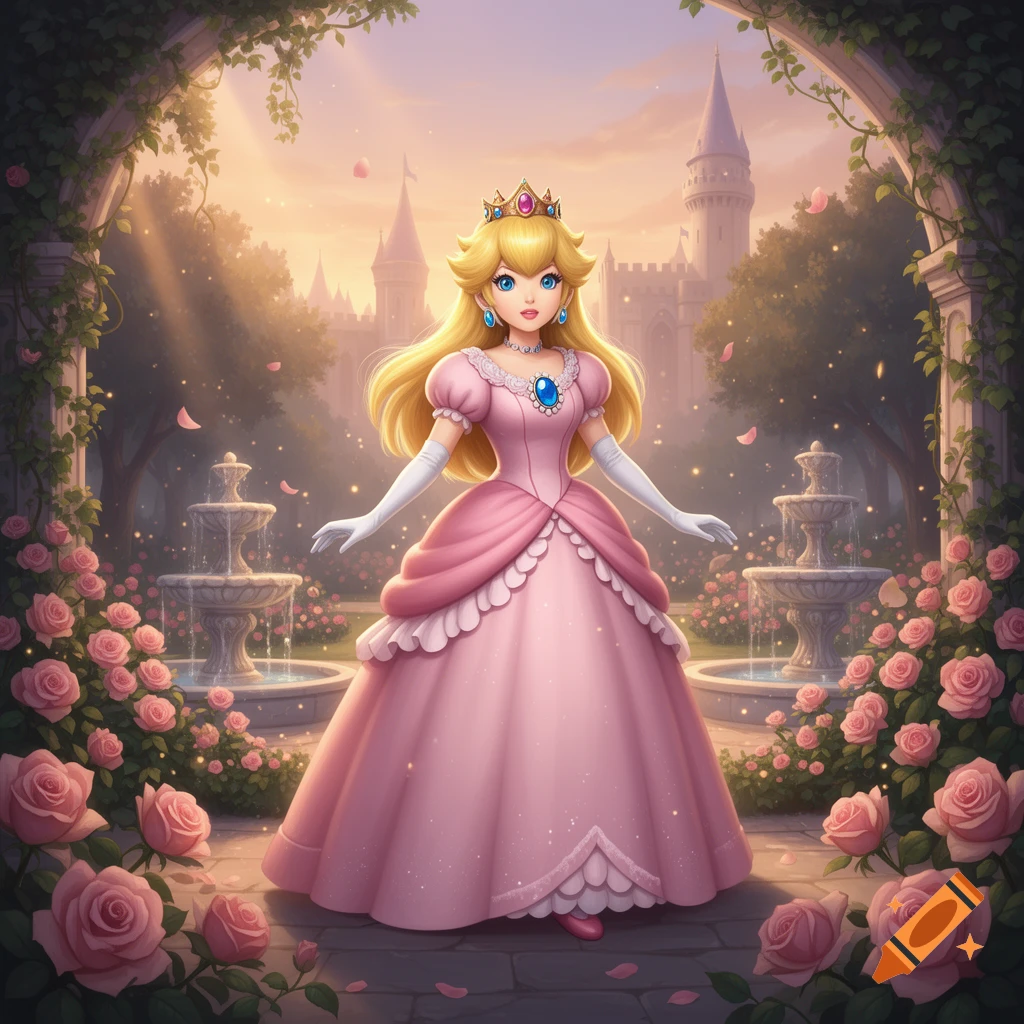Digital artwork of Princess Peach in a pink dress standing in a rose garden with fountains and a castle in the background.