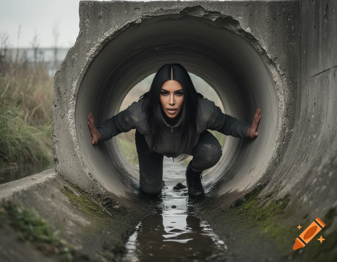 Photorealistic image of Kim Kardashian crawling out of a concrete drain pipe, wearing dark athletic clothing.