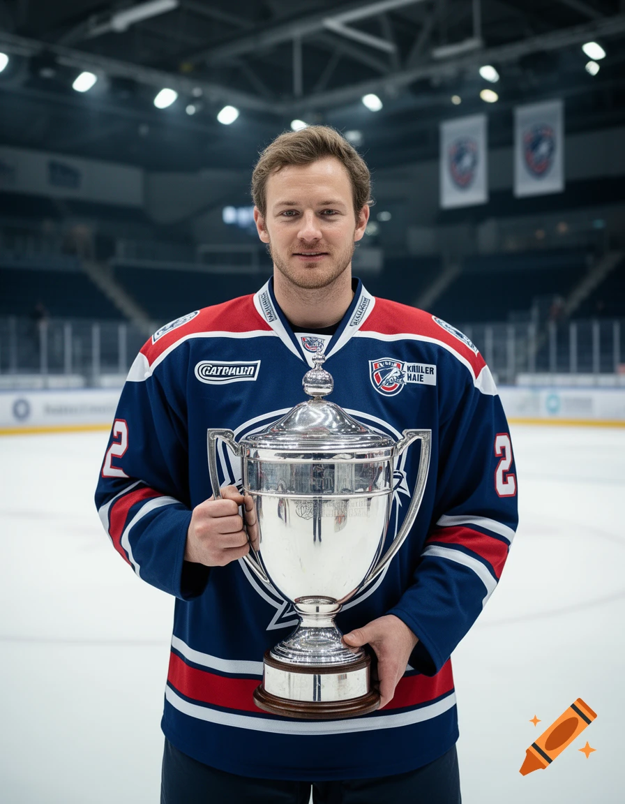 Portrait of a male hockey player in a blue and red jersey holding a silver trophy in an arena.