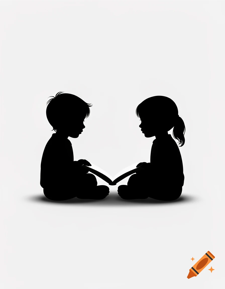 Black silhouettes of a young boy and girl sitting side by side and looking at an open book against a white background.