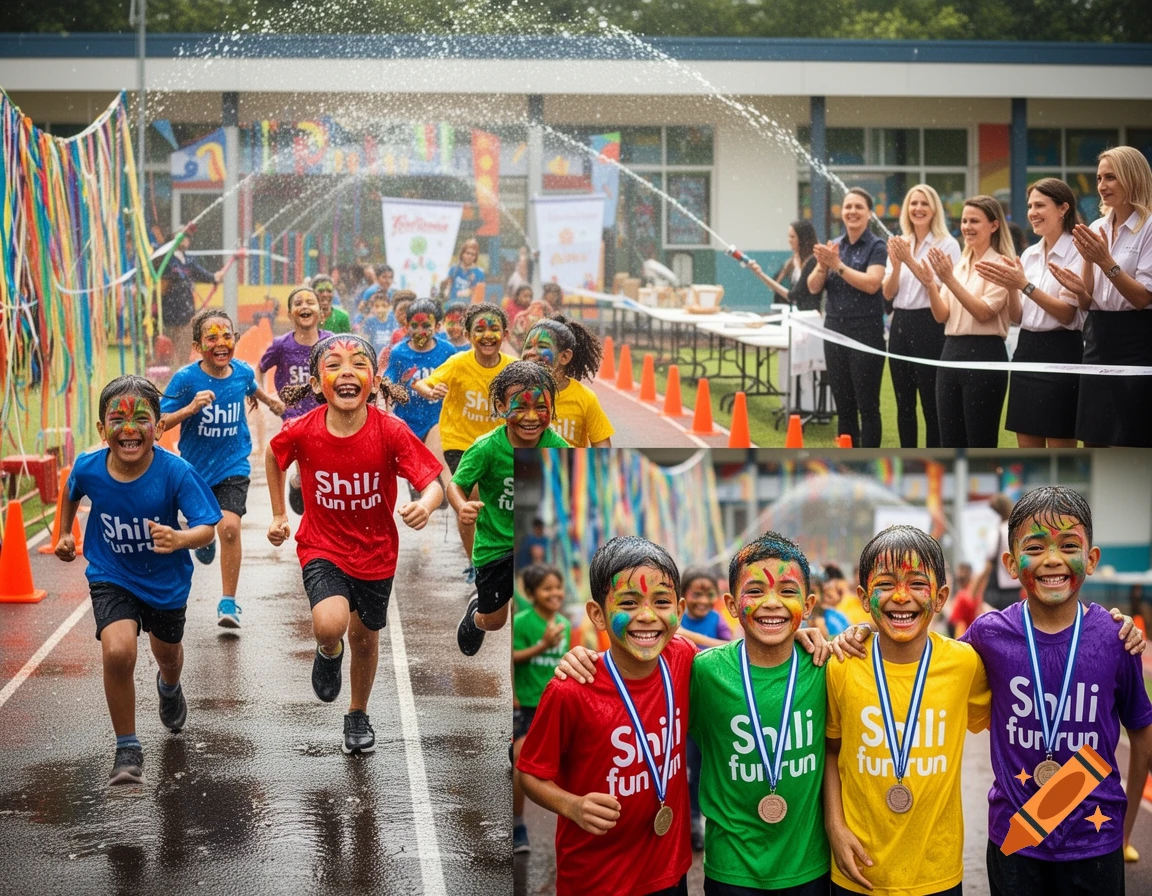 Photorealistic composite image of school children with colored powder on their faces smiling, running, and holding medals.