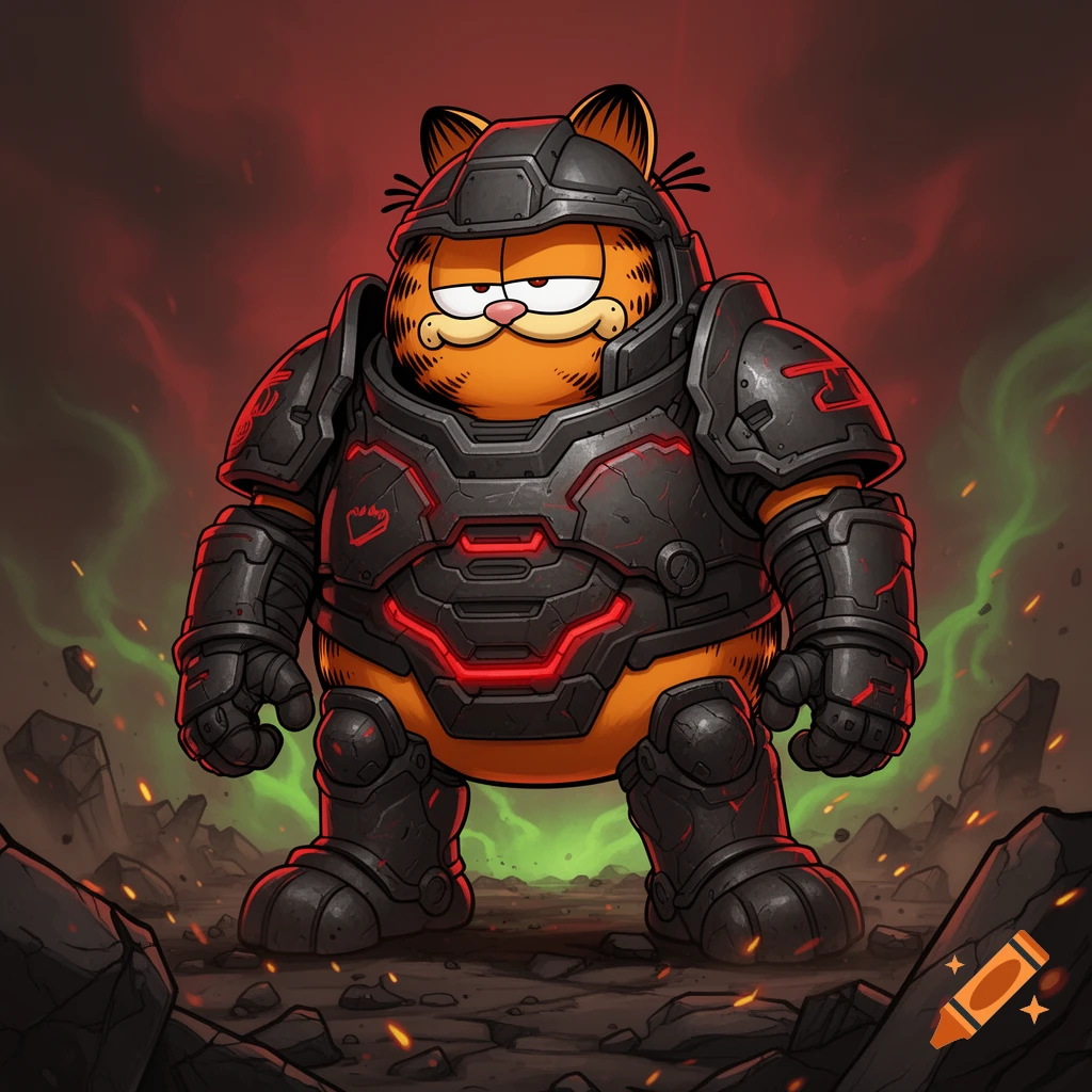 Cartoon illustration of Garfield standing in a ruined landscape wearing heavy black Doom Slayer armor with glowing red lights.