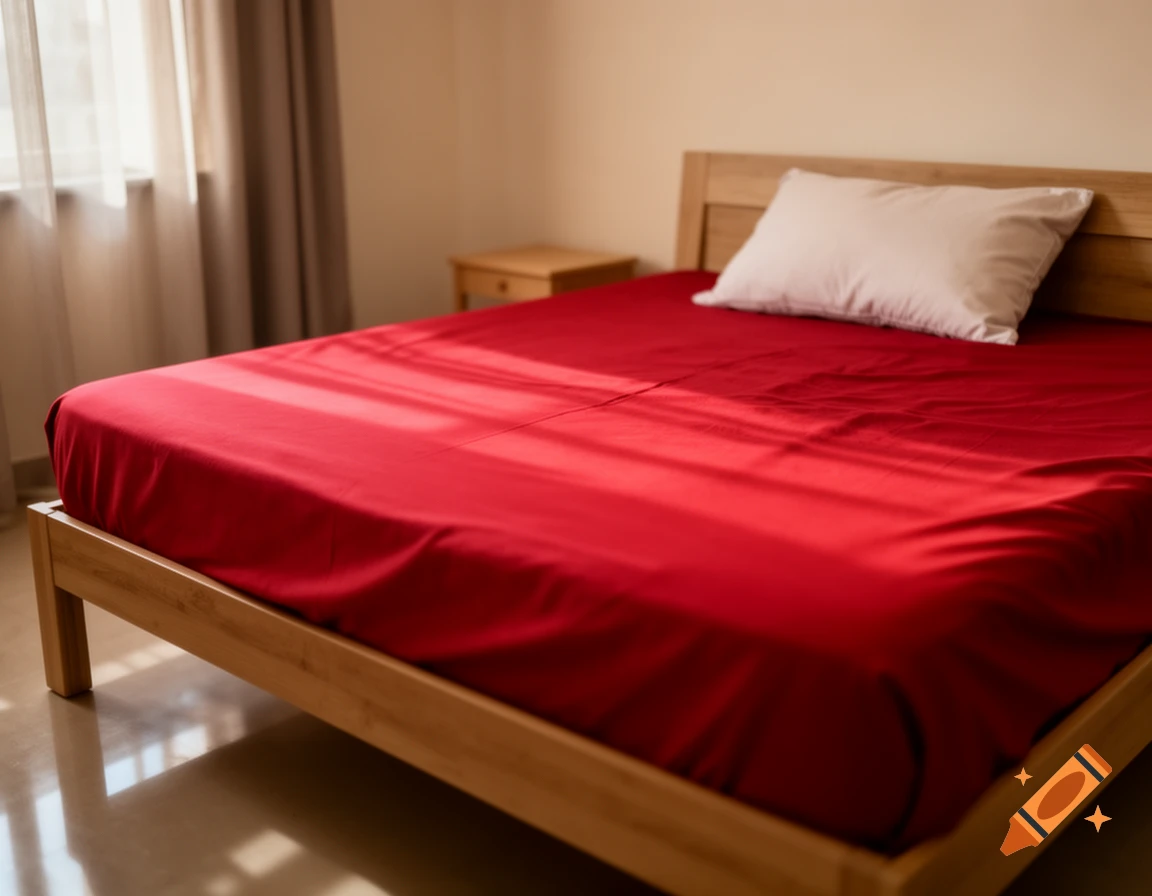 Photorealistic bedroom interior featuring a wooden bed with red sheets and a white pillow under soft sunlight.