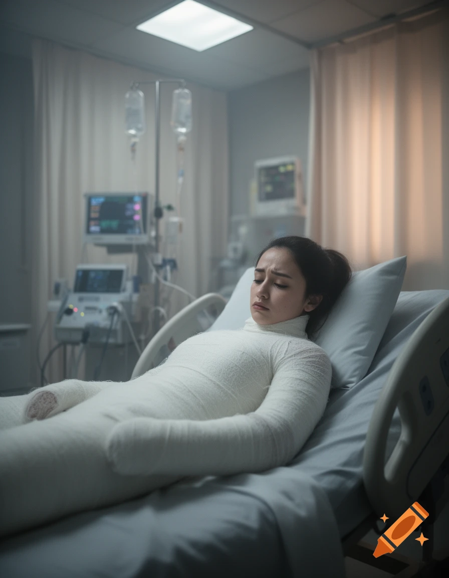 Photorealistic image of a sad young woman lying in a hospital bed wrapped in a full body cast, with medical equipment in the background.