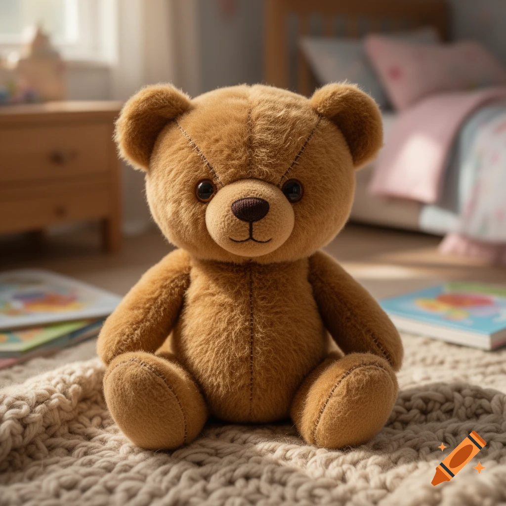 Close-up photorealistic shot of a brown stitched teddy bear sitting on a knitted blanket in a child's bedroom.