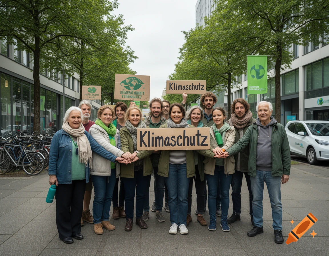 Photorealistic group of diverse people holding hands and protest signs with the text Klimaschutz on a city street.