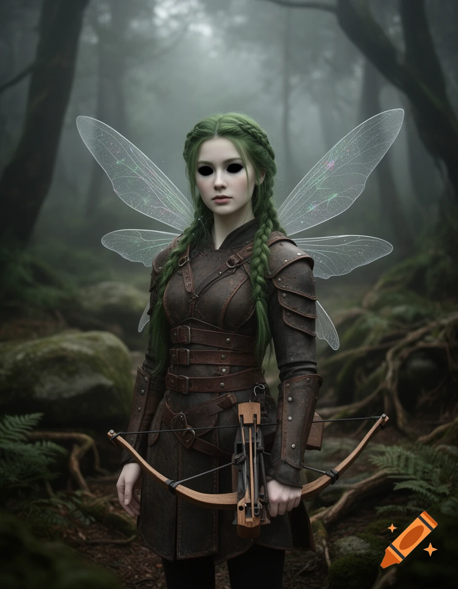Photorealistic portrait of a female fairy with braided green hair, blacked out eyes, dragonfly wings, and leather armor holding a crossbow in a misty forest.