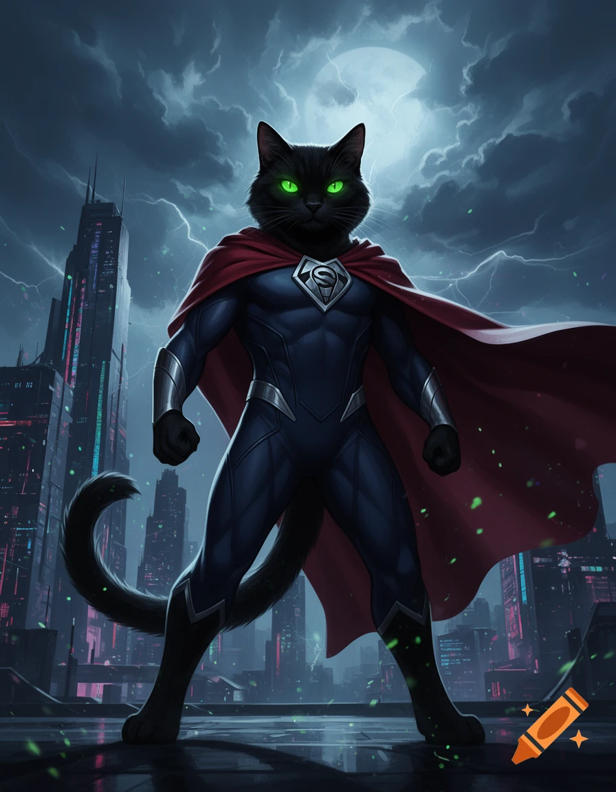 A digital art illustration of a black cat superhero with green eyes, wearing a blue suit and red cape, standing atop a futuristic skyscraper city.