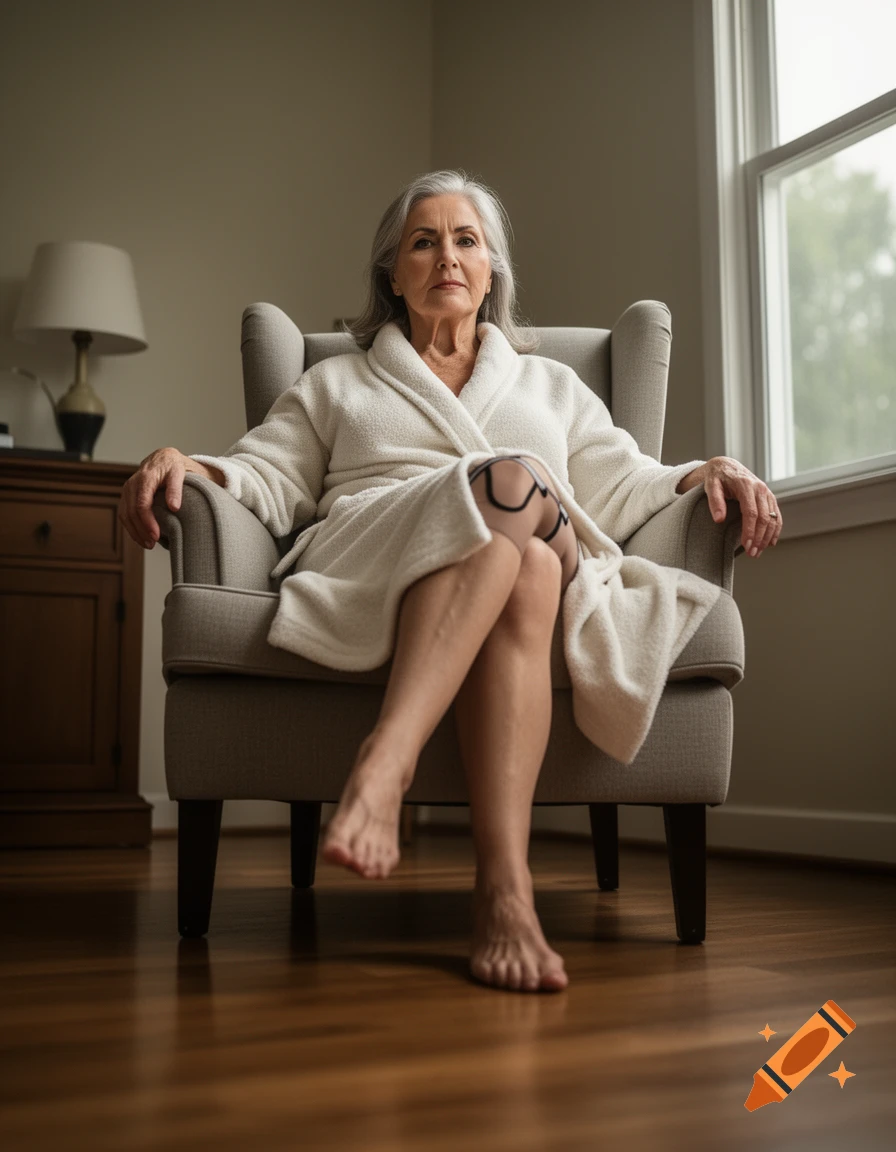 Photorealistic low-angle shot of a mature woman in a white bathrobe sitting in an armchair.