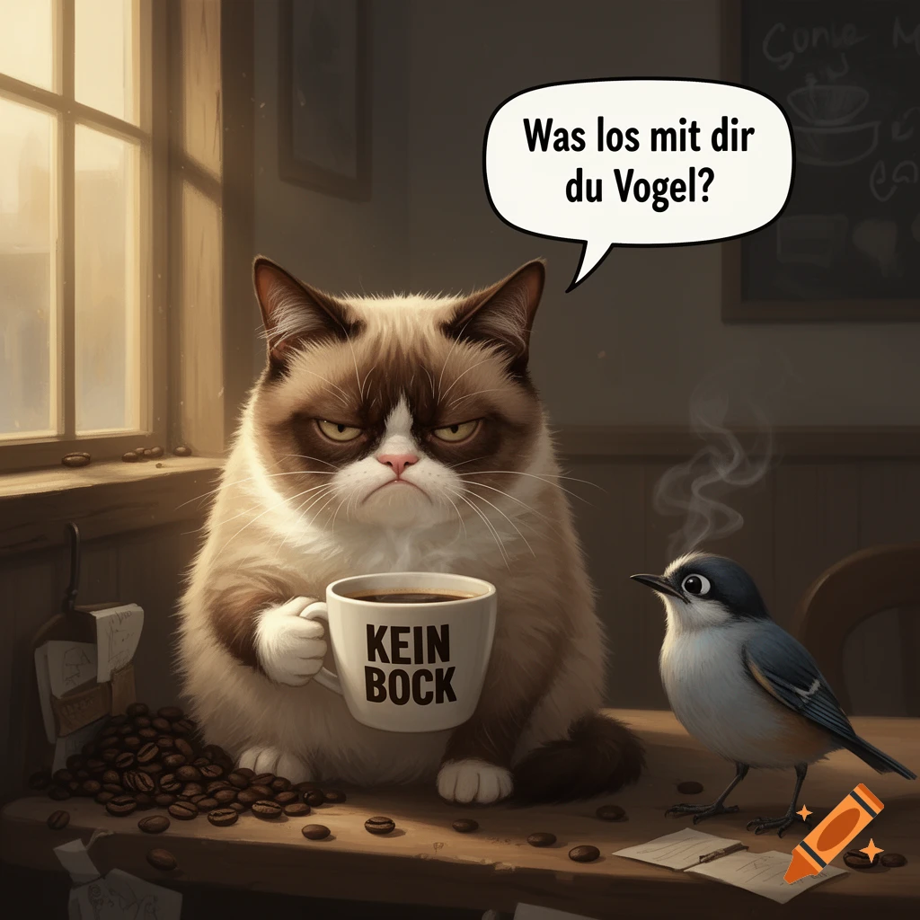 An illustration of a grumpy cat holding a coffee mug that says KEIN BOCK, while a small bird speaks to it in a speech bubble.