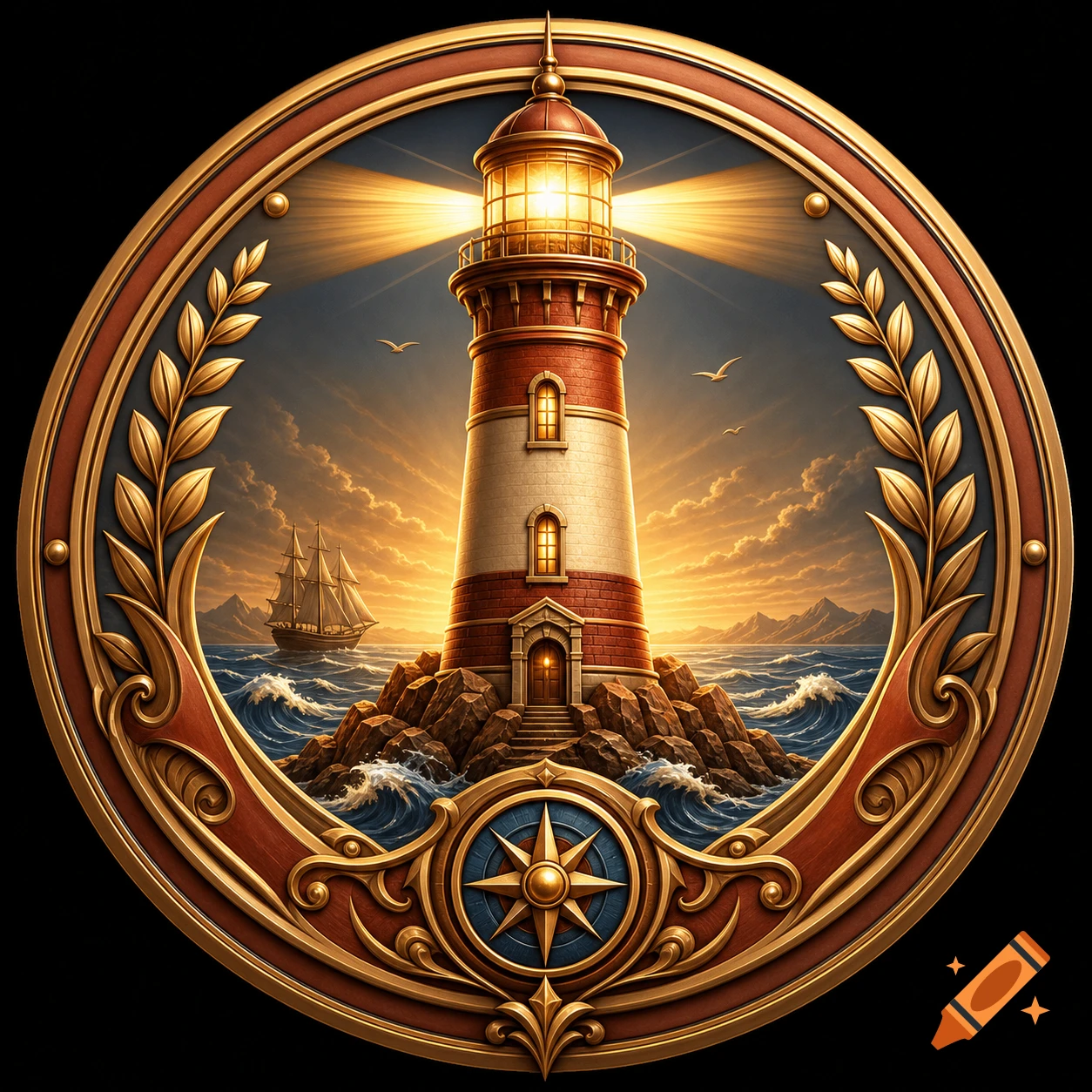 Round golden and brown guild emblem featuring a lighthouse on a rocky outcrop with a ship, compass rose, and laurel leaves.