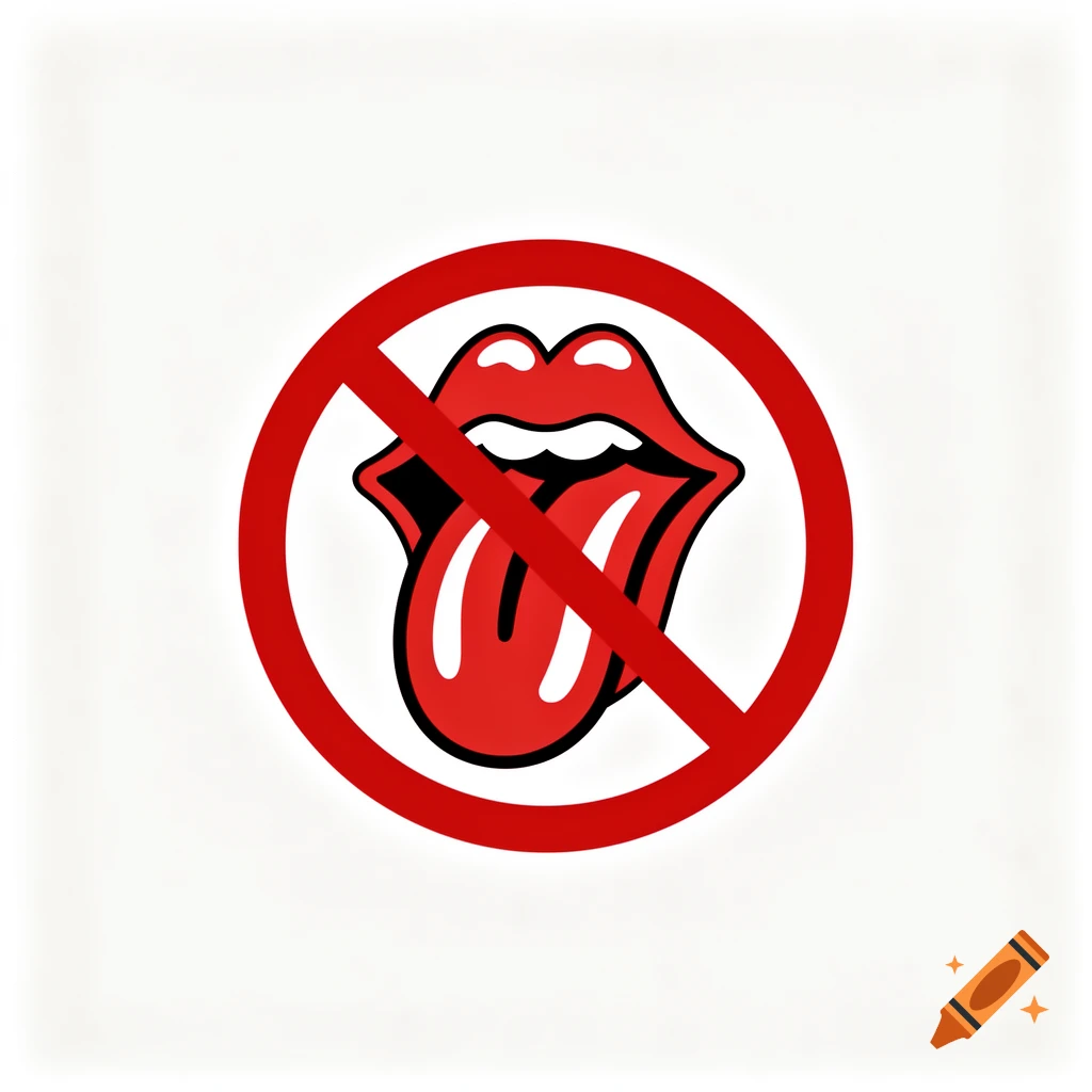 A red prohibition sign with a stylized red tongue sticking out, on a white background.