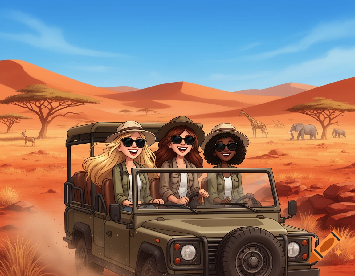 Animated illustration of three smiling young women in sunglasses driving an open safari jeep through a desert landscape with acacia trees and distant wildlife.