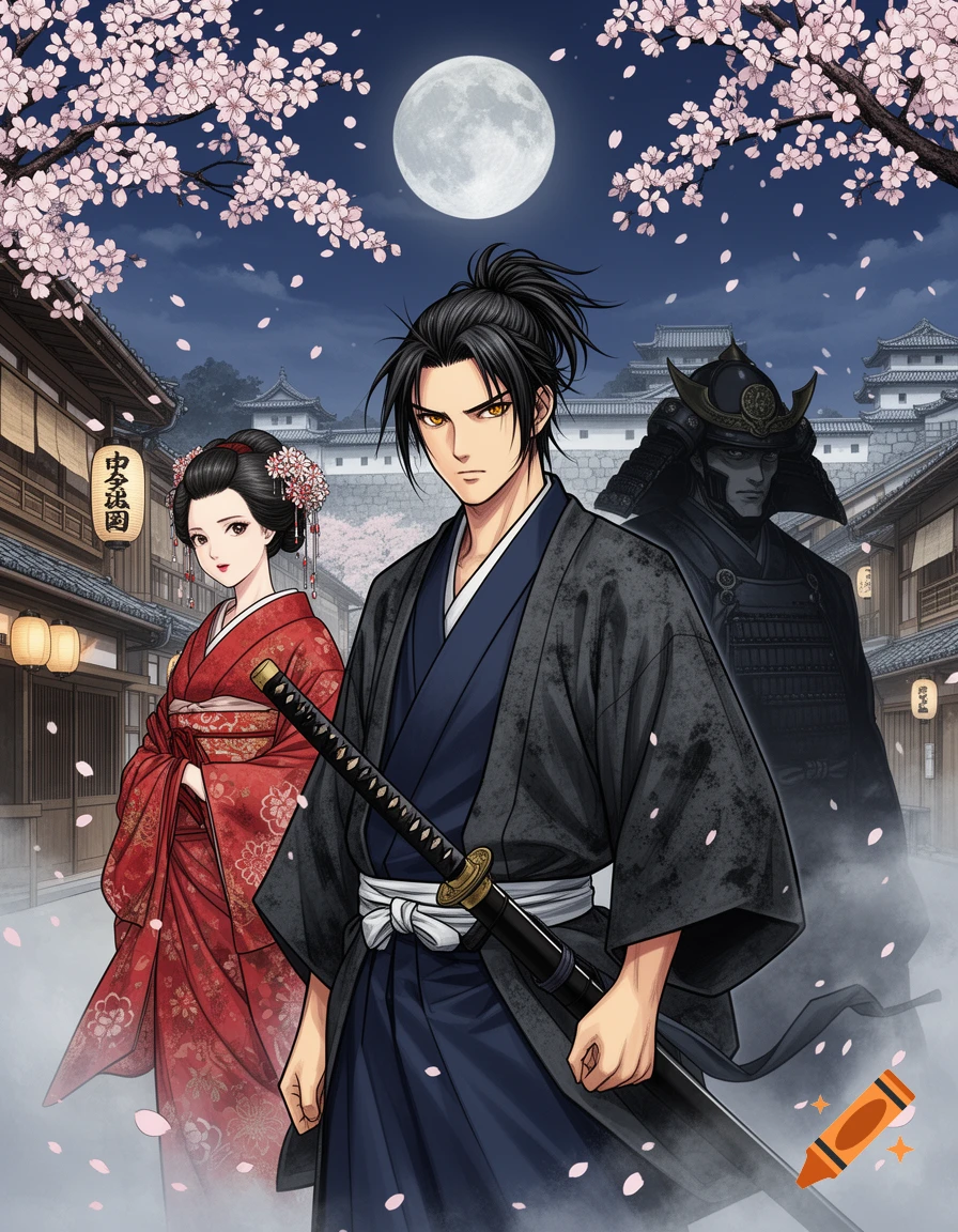 Manga cover style illustration of a male samurai holding a katana, a geisha in a red kimono, and a warrior in armor during the Edo period under a full moon.