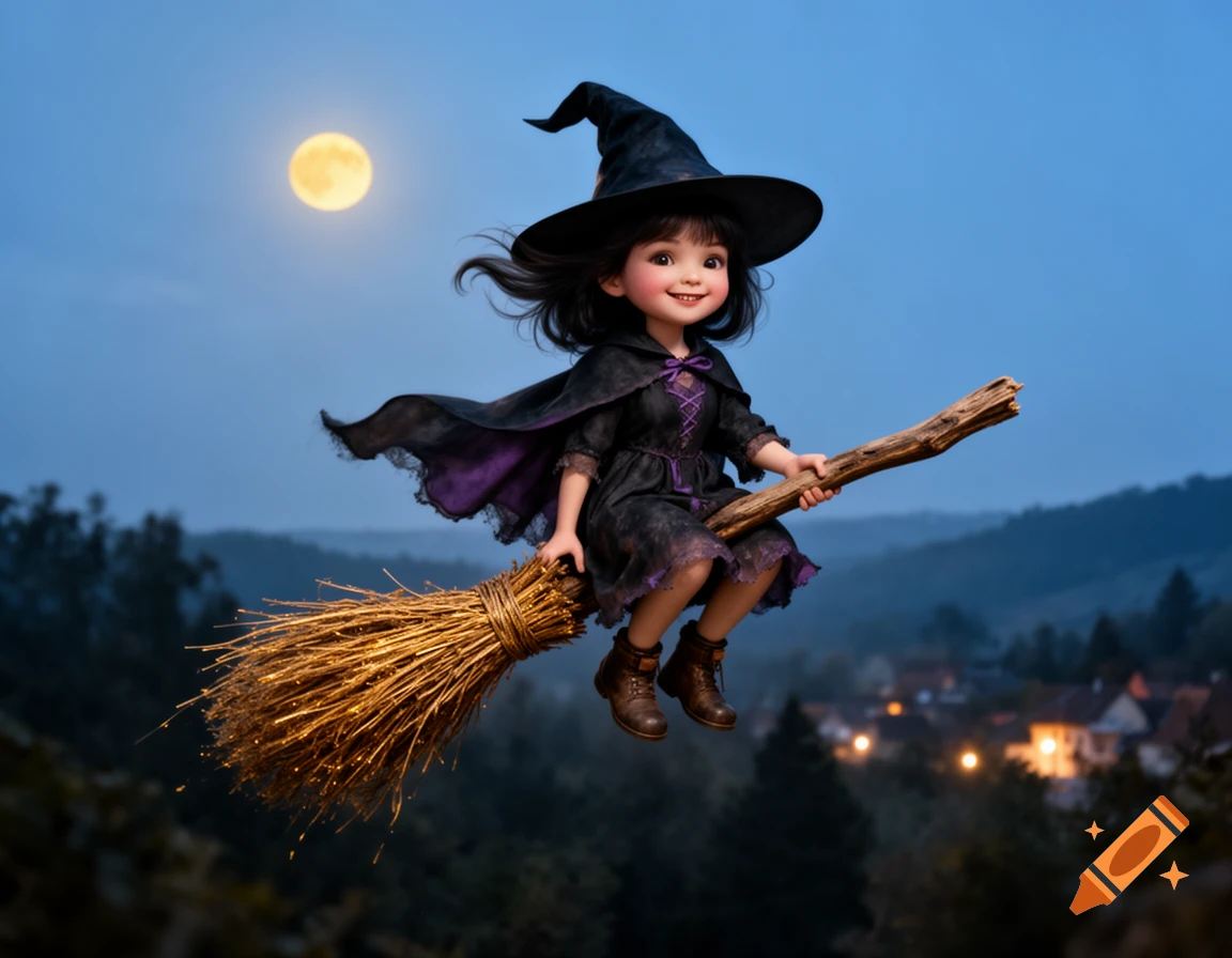 A cute little witch with dark hair and a black hat flying on a broomstick against a nighttime sky with a full moon.