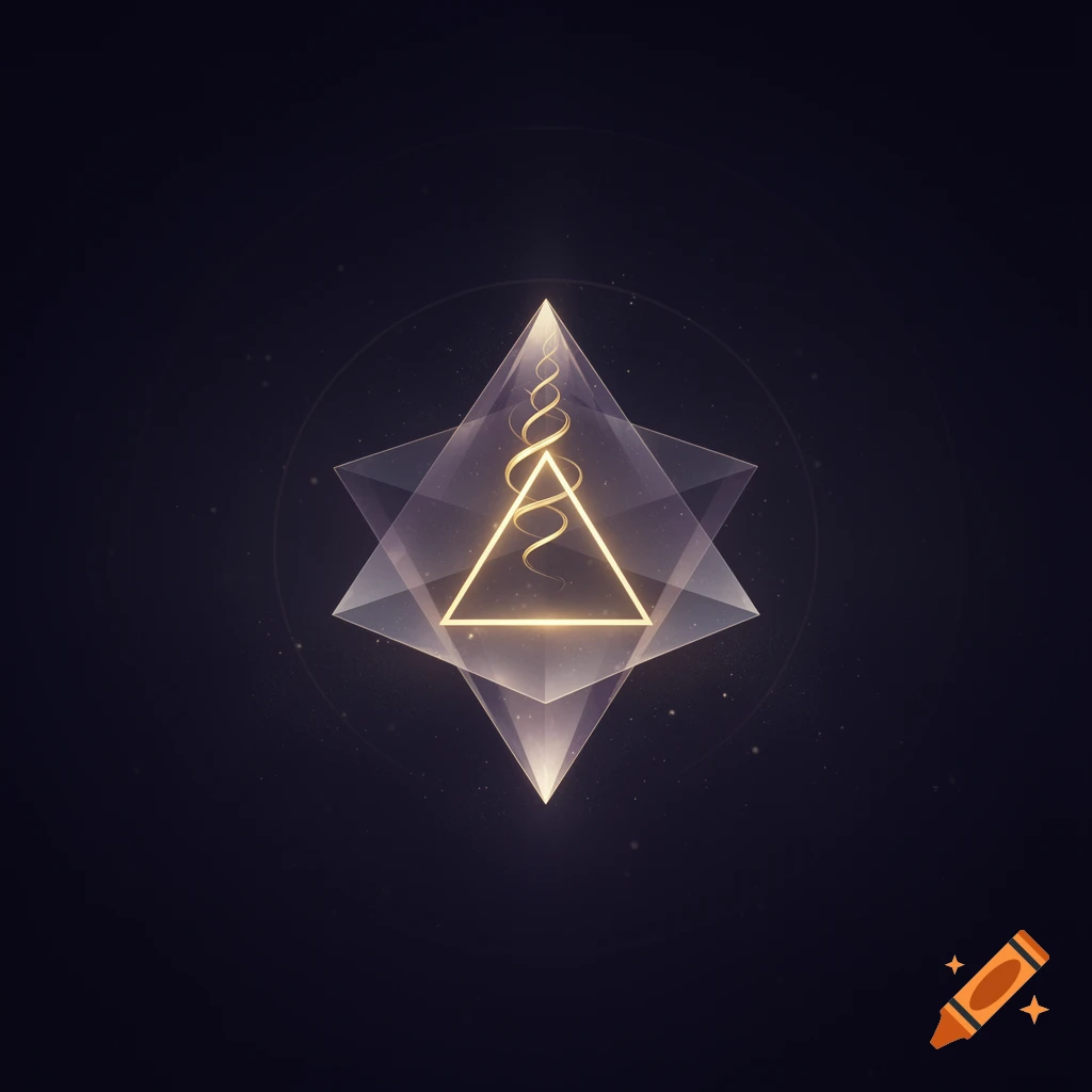 A glowing equilateral triangle and upward spiral enclosed within a translucent octahedron, set against a dark cosmic background.