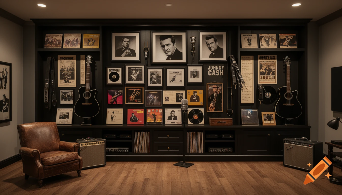 A Johnny Cash tribute wall with black shelving, vinyl records, framed photographs, two acoustic guitars, amplifiers, and a leather armchair.