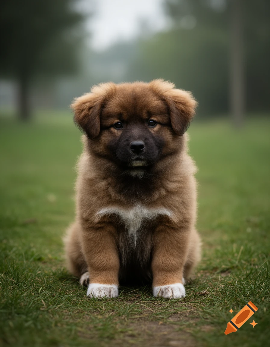 Photorealistic image of a small, fluffy brown puppy with folded ears, white paws, and a white chest patch sitting on grass.